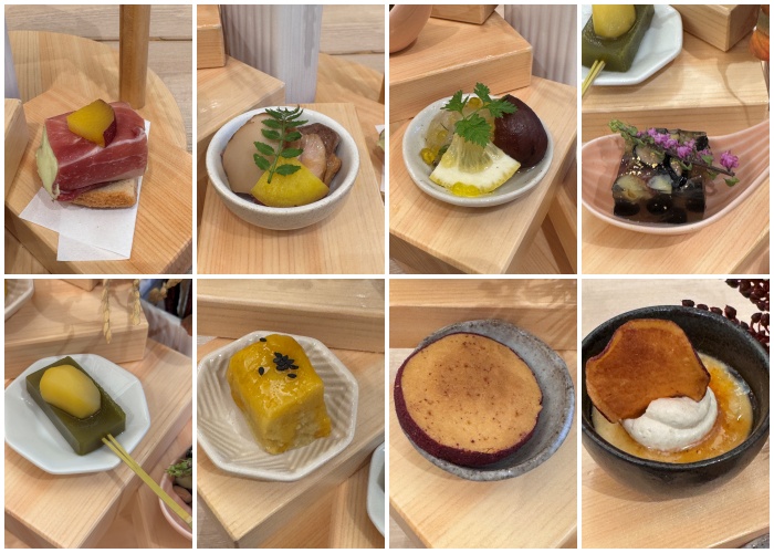 画像: ■甘味5種 栗のプリン キャラメリゼ さつまいもと栗の青汁羊羹 ひとくちスイートポテト 焼き芋クッキー 栗と黒豆のゼリー寄せ ■前菜3種 鴨と松茸 さつまいも甘煮 青汁チーズ生ハム巻き マロングラッセと真鯛のカルパッチョ