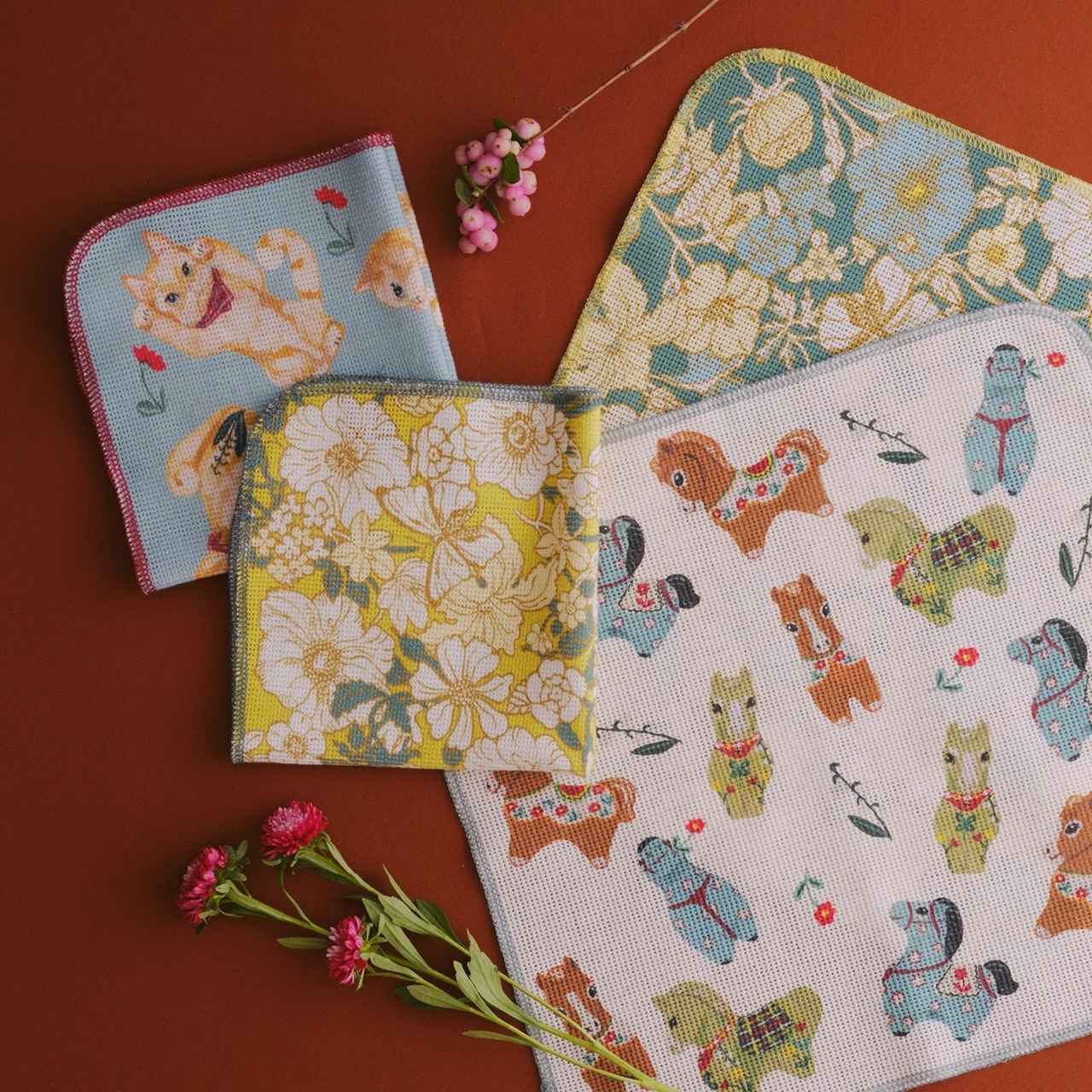 画像: ディッシュクロス2枚セット(猫×花柄、午×花柄) 各\770