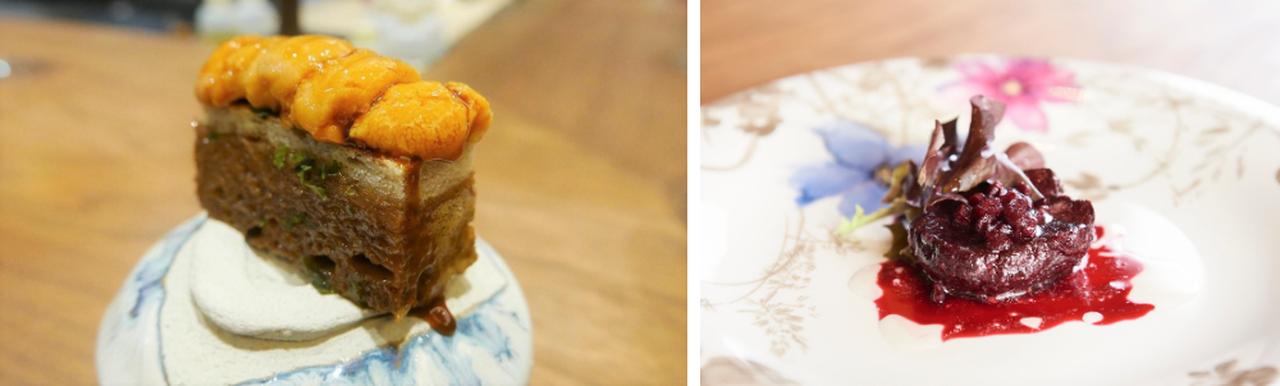 画像: ウニトースト/右:ビーツ、燻香