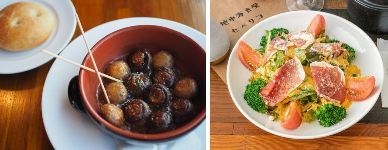 画像: 左:マッシュルームのセゴビア風/右:きまぐれサラダ