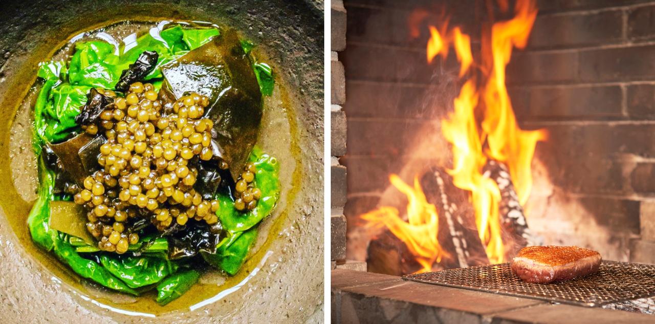 画像: 左:温かいキャビアの昆布締め/右:調理風景