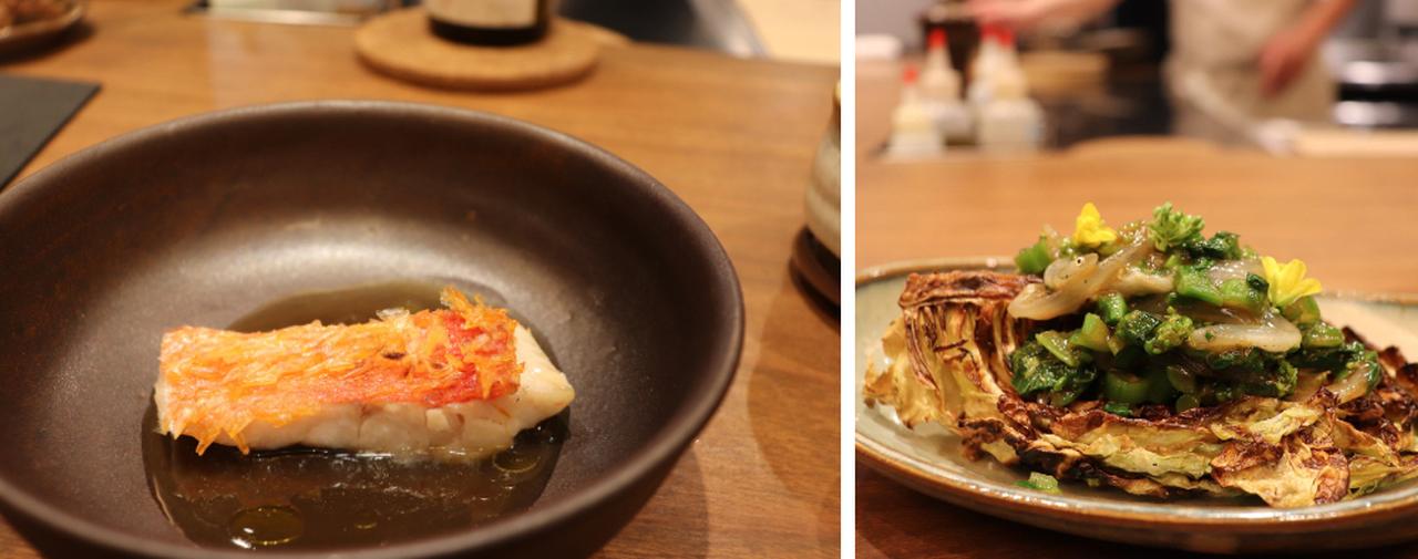 画像: 左:金目鯛、伊勢海老のコンソメスープ/右:燻し春キャベツ薪火焼き