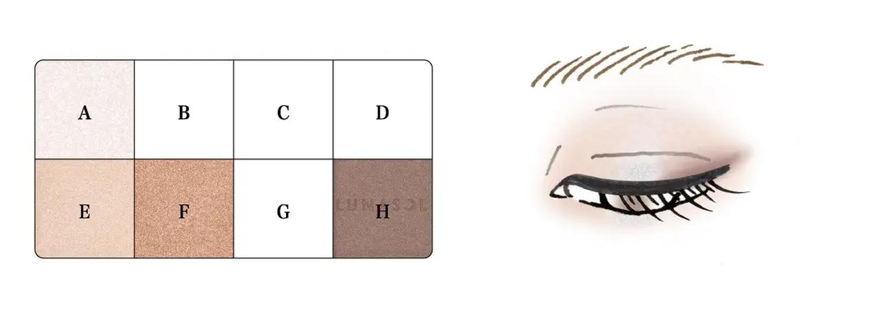 画像: 1.Fをアイホールに入れ、下まぶたにも入れます。 2.Hを目のキワの目尻側3分の1くらいに入れます。 3.Eを上まぶたの中央と下まぶたの中央に細めに入れます。 4.Aを上まぶたと下まぶたのEに重ねます。