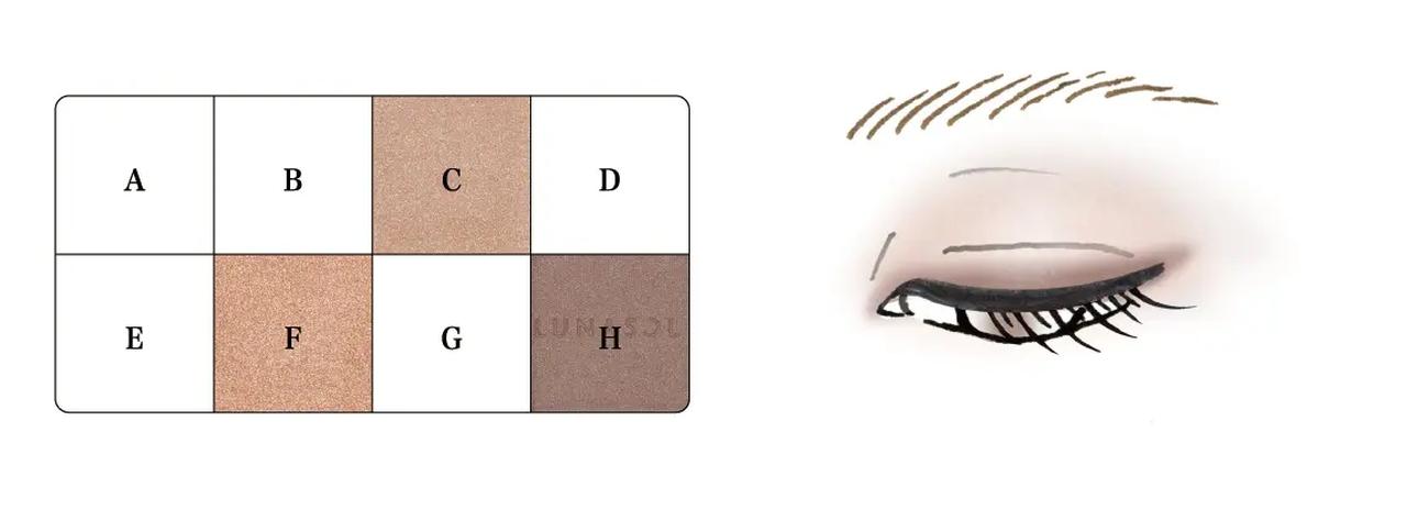 画像: 1.Fをアイホールに入れ、下まぶたにも入れます。 2.CをFと肌との境目をぼかすようになじませます。 3.Hを目のキワに太めに入れます。