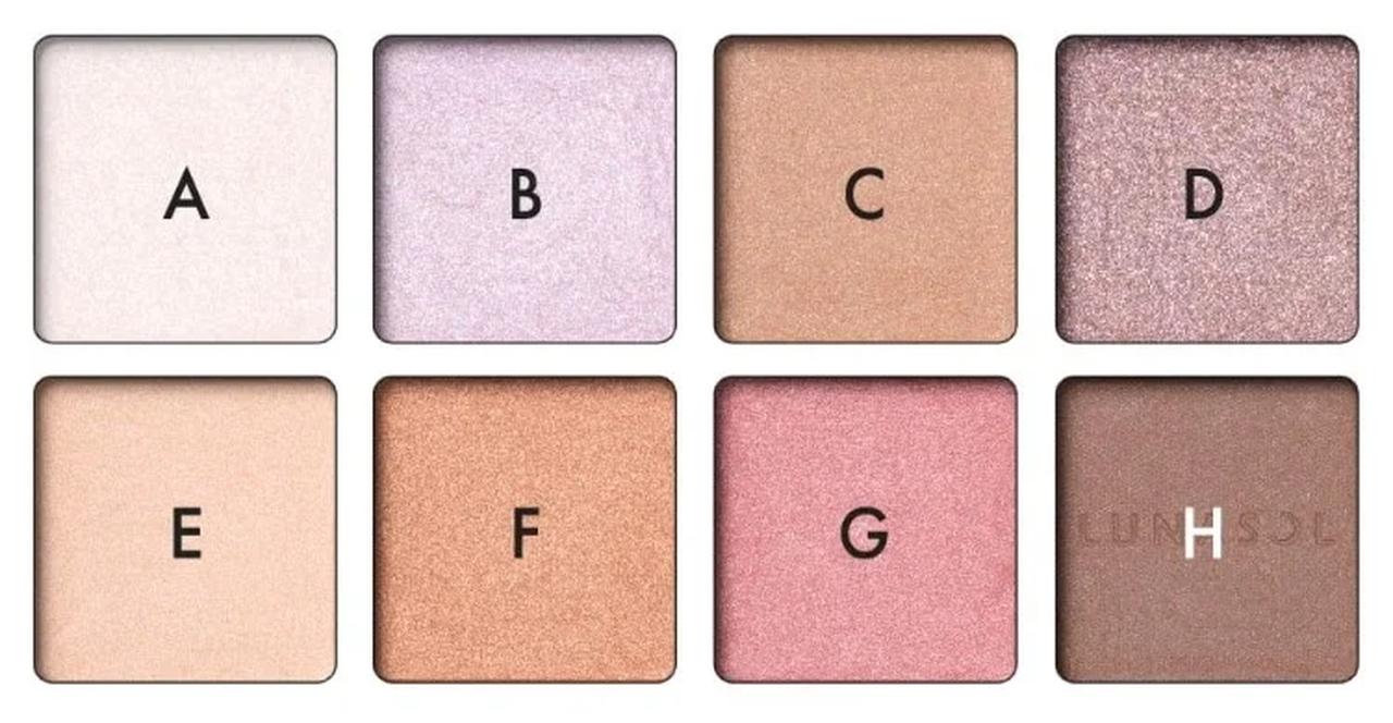 画像: A:透明感のあるまばゆい高輝度パールを敷き詰めたような、ピンクニュアンスのホワイト B:さまざまな色の高輝度パールに、色が揺らめく光のニュアンスを添えたラベンダー C:陰影がしっとりと肌に溶け込むようになじむ、ソフトマットなレディッシュベージュ D:高輝度のホワイトやブルーの輝きでメタリックに彩る、赤みのグレイッシュブラウン E:繊細なツヤ感で目もとを明るくなめらかに整える、ピンクニュアンスのベージュ F:メタリックな光沢を軽やかに透けるような質感で表現した、つややかなオレンジベージュ G:濡れたような色ツヤで目もとをしっとりと彩る、華やかなムードのローズベージュ H:やわらかな温もりと、透け感のある自然な陰影を目もとに与えるベージュブラウン