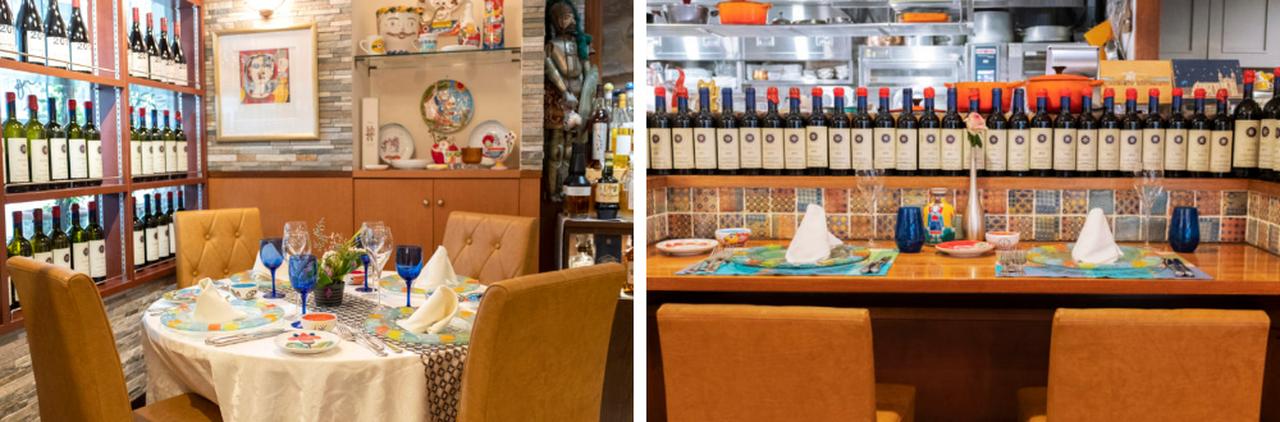 画像: 絵皿やワインボトルが飾られた上品でおしゃれな空間