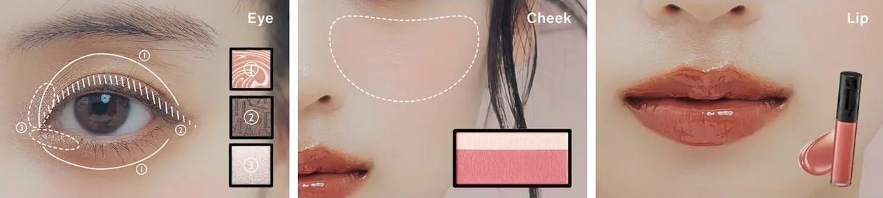 画像: <使用アイテム> ※価格は参考小売価格です。(店舗によって異なる場合があります)すべて税込価格です。 マキアージュ カスタマイズアイカラー シングル ①BE212 クリームミルクティ ②BR635 ショコラノワール ③SV841 ダイヤモンドシュガー 各1,100円 マキアージュ ドラマティックチークカラー(パウダー) RD322 アップルマカロン 1,980円 マキアージュ リップグロウボム OR315 あんずボム3,080円