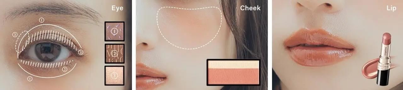 画像: <使用アイテム> ※価格は参考小売価格です。(店舗によって異なる場合があります)すべて税込価格です。 マキアージュ カスタマイズアイカラー シングル ①BE775 クラシックココア ②BR533 キャラメルガナッシュ ③GD873 ジンジャーシュガー 各1,100円 マキアージュ ドラマティックチークカラー(パウダー) BE323 ペア―マカロン 1,980円 マキアージュ ドラマティックエッセンスルージュ BR300 マイルール 3,300円