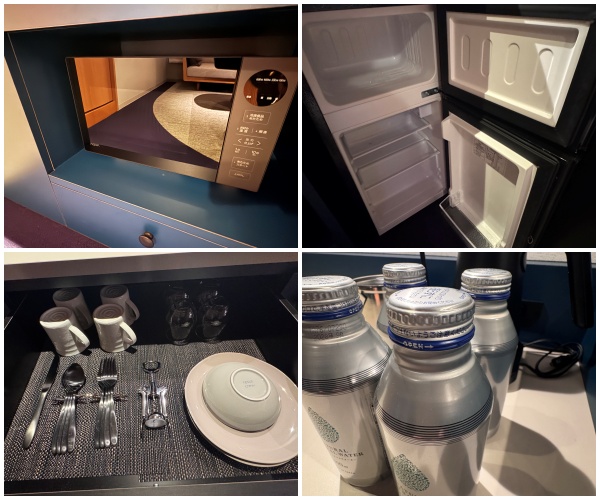 画像: 電子レンジ、2ドア式冷凍冷蔵庫、お皿類、ミネラルウォーター