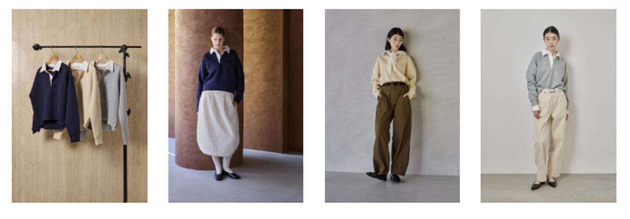 画像: style_1：スキッパーダンボールスウェット 　※2025年12月12日（金）予約販売商品 やわらかな配色の襟を添え、クリーンさを引き立てたスキッパースウェット。 ほどよいゆとりのあるシルエットが身体を包み込み、カジュアルさの中に上品なムードを宿します。一枚で佇まいが整うバランスの良さが魅力で、日常のスタイルを品よく更新してくれるトップスです。