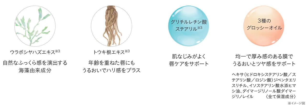画像: さらに、ウラボシヤハズエキス（※2）／トウキ根エキス（※2）／グリチルレチン酸ステアリル（※2）／3種のグロッシーオイルなど、敏感な唇にうれしい保湿成分を厳選しました。 ※1 セラミドNG、セラミドNP、セラミドAP は全て保湿成分 ※2 保湿成分 ※3 保湿成分