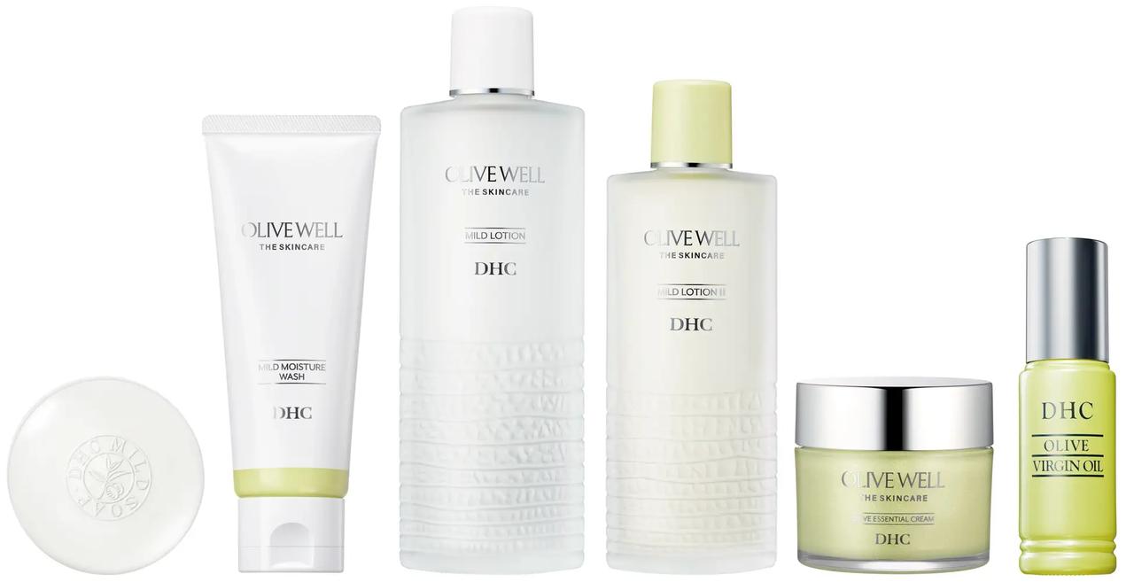 画像: オリーブウェルシリーズ 画像は左から順に、マイルドソープ、マイルドモイスチュアウォッシュ、薬用マイルドローションa、薬用マイルドローションⅡa、オリーブエッセンシャルクリーム、オリーブバージンオイル
