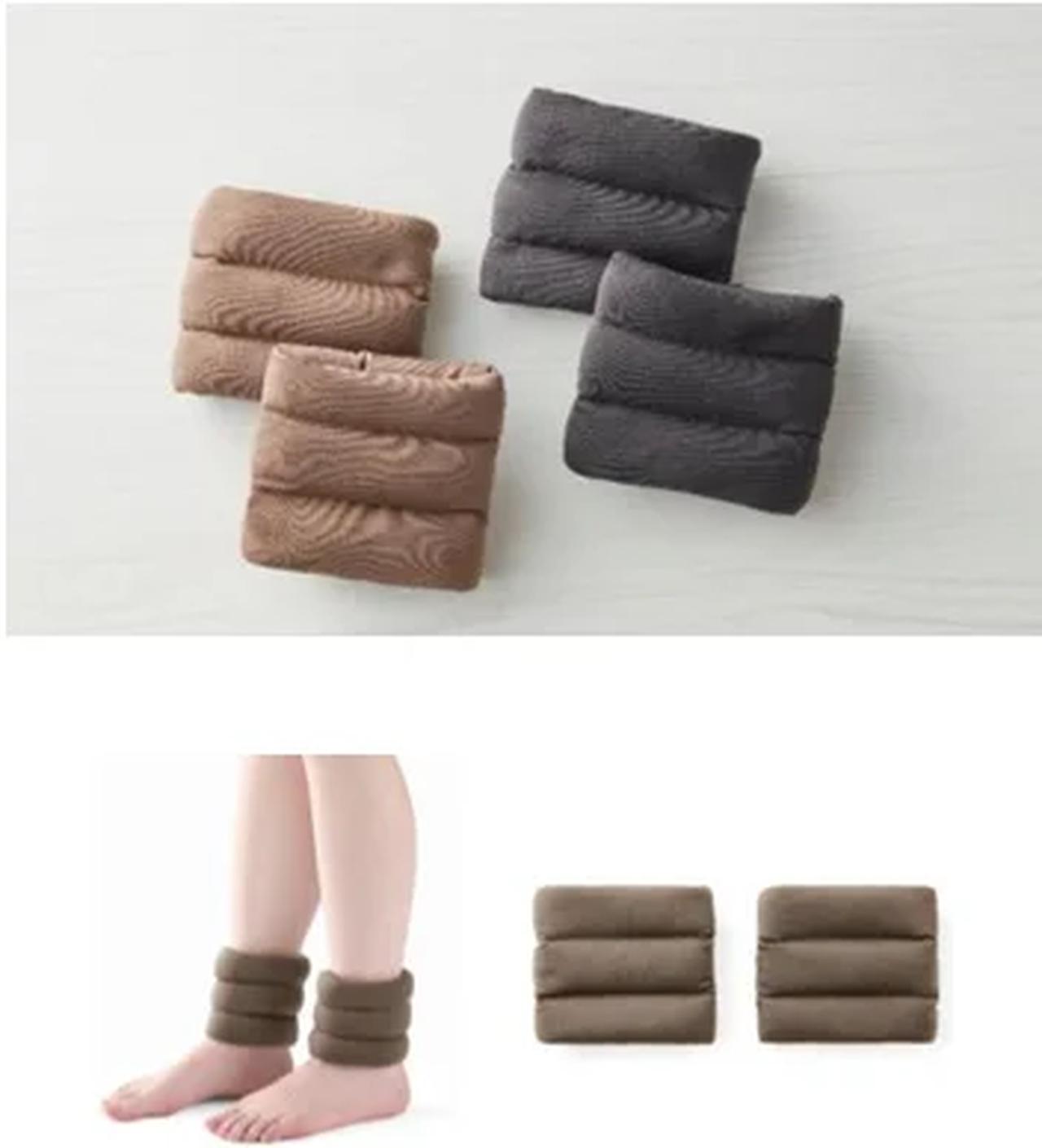 画像: ④『足首あったかビーズウォーマー(AN-C501F)』 色 :BW(ブラウン)、CHL(チャコール) サイズ:製品(約㎝)幅12.5×長さ12.0、 足首回り(約㎝)18.0~25.0 素 材:<本体>アクリル60%、レーヨン35%、ポリウレタン5% <ビーズ>ポリスチレン(チタンコーティング) 特 長:・チタンコートあったかビーズを配合。 ビーズ内部の空洞と、ビーズ同士の空間が作る空気 層が、体温をキャッチして保温 ・体温を素早く伝えるビーズが、足首をやさしく包み こんで保温 ・吸湿発熱性のある生地を使用