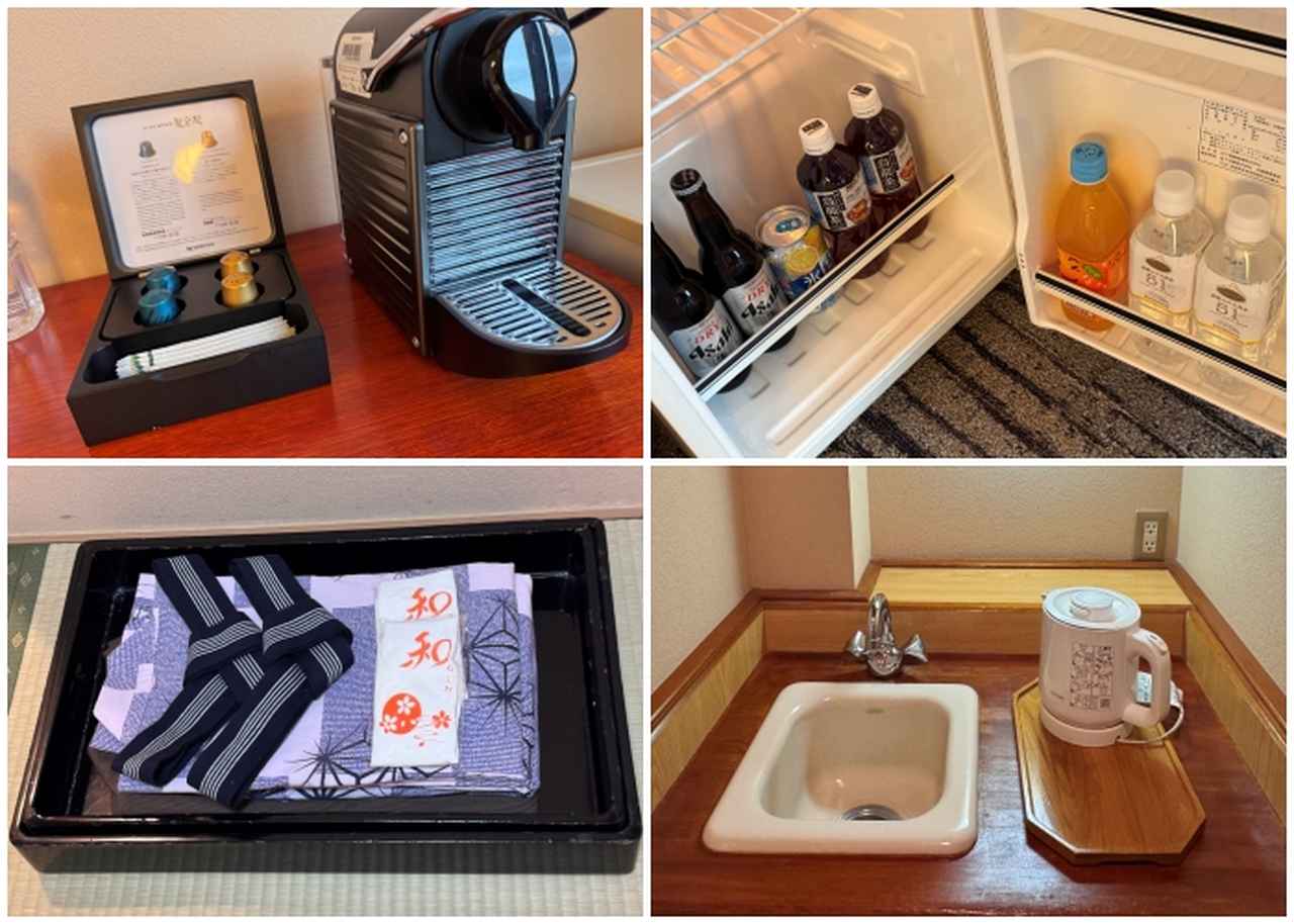 画像: ドリップコーヒー、冷蔵庫（有料）、浴衣（SML3サイズ）、ドリンク用専用流しもあります。