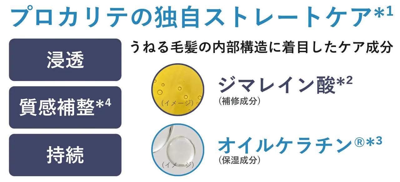 画像: *¹ ダメージによるうねりを整えること *² ジマレイン酸プロピレンジアンモニウム *³ イソステアロイル加水分解ケラチン、イソノナン酸イソノニル *⁴ 髪をしなやかにまとまりやすく整えること