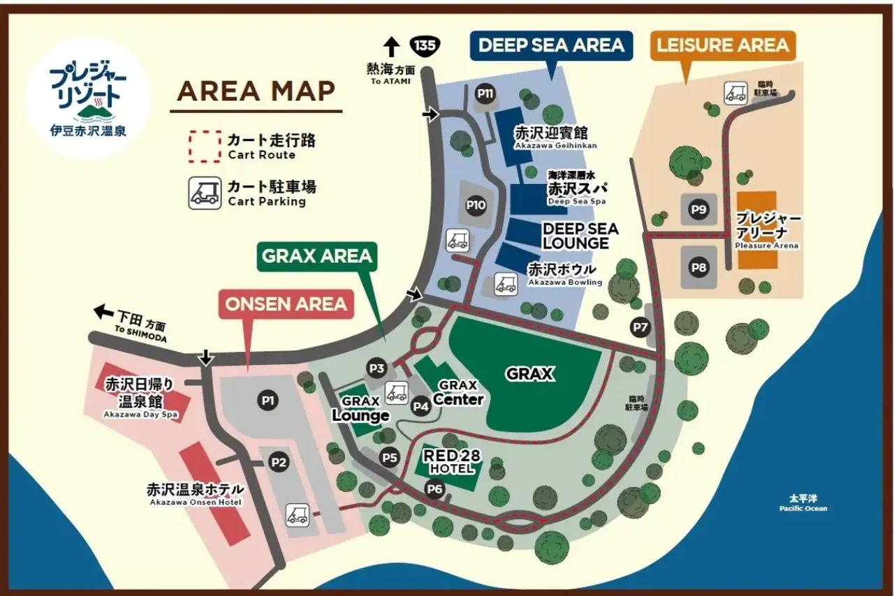 画像: * GRAX AREA：大自然と一体になるグランピングエリア * LEISURE AREA：プレジャーアリーナを中心とした「遊び」のエリア * DEEP SEA AREA：海洋深層水スパやサウナで整う「美と健康」のエリア * ONSEN AREA：絶景露天風呂と美食で心身を解きほぐす「癒し」のエリア