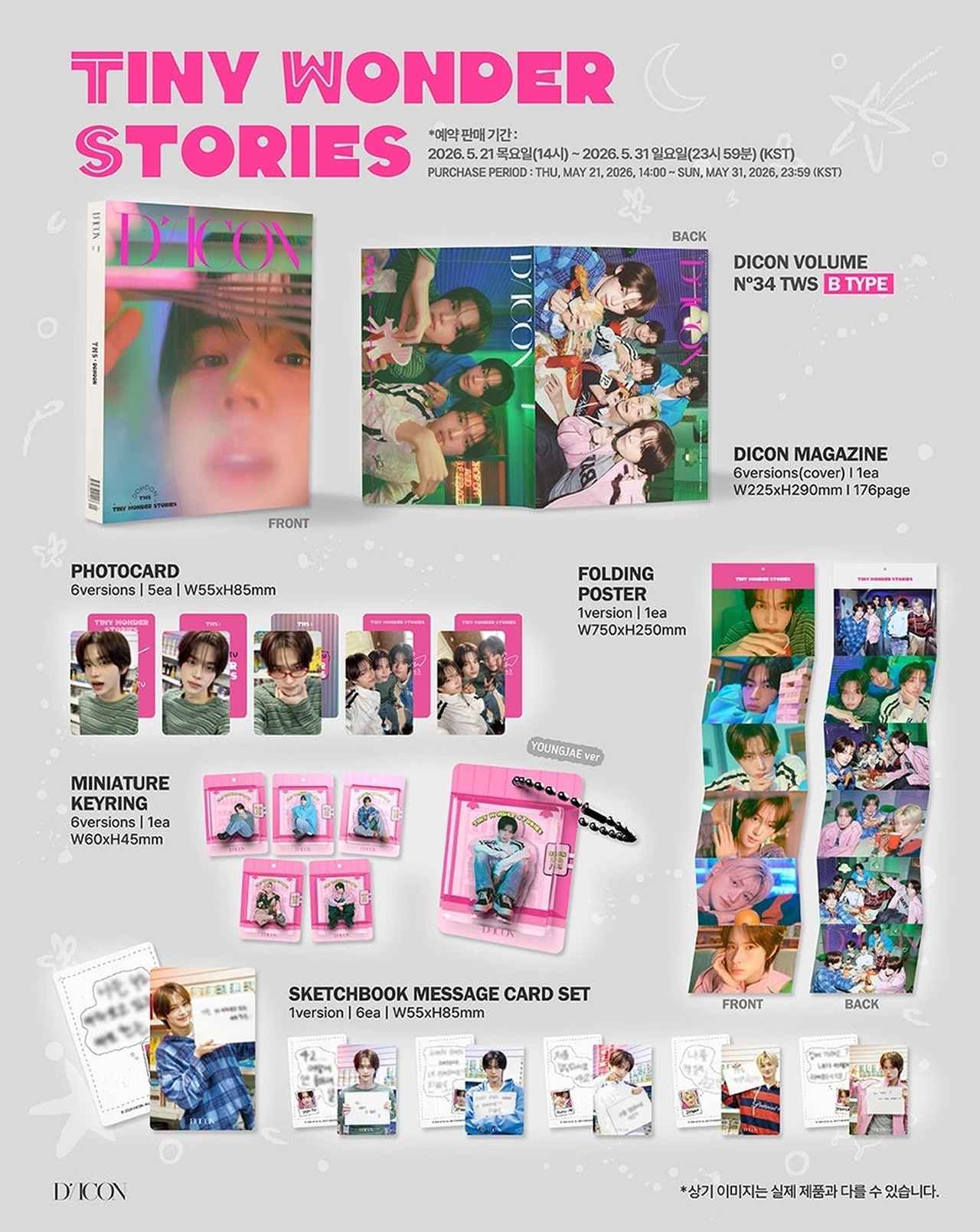 画像: ①PHOTOCARD 5枚セット（55×85mm）｜紙製 ②MINIATURE KEYRING 1個（60×45mm）｜アクリル、PVC、紙、スチール製 ③FOLDING POSTER 1枚（750×250mm）｜紙製 ④SKETCHBOOK MESSAGE CARD SET 6枚（55×85mm）｜紙製