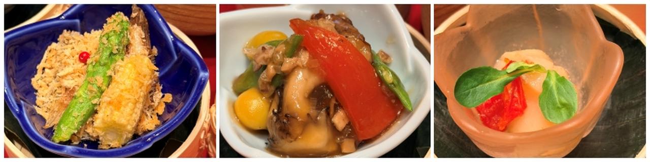 画像: 【セイボリー】 ・北海道産ししゃものスパイシー炒め ・十勝和牛のきのこ醤炒め ・軽く燻製した北海道産帆立貝のマリネ 紹興酒の香り