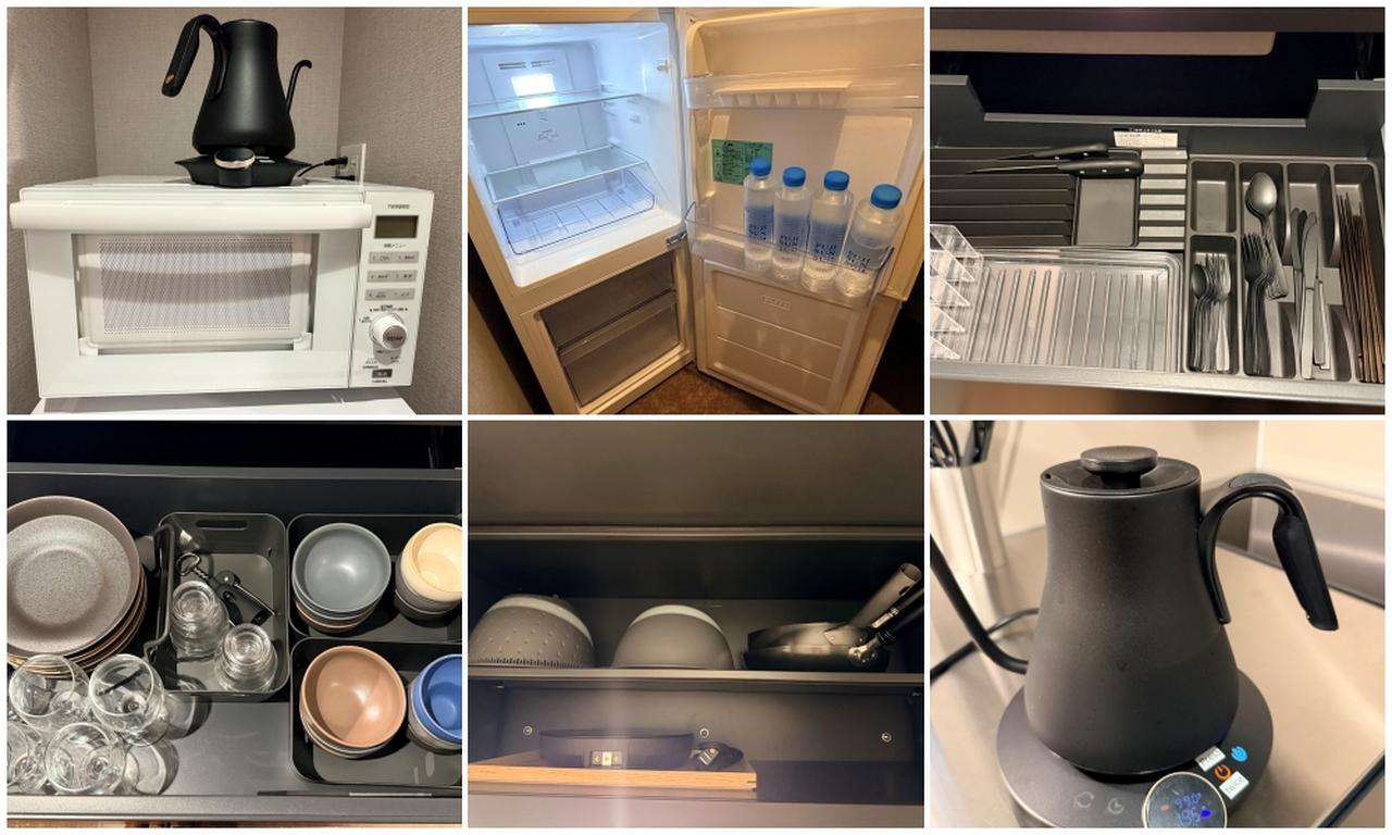 画像: 冷蔵庫、電子レンジ、フライパン、包丁、食器、洗剤など、そのまま生活が始められる品ぞろい