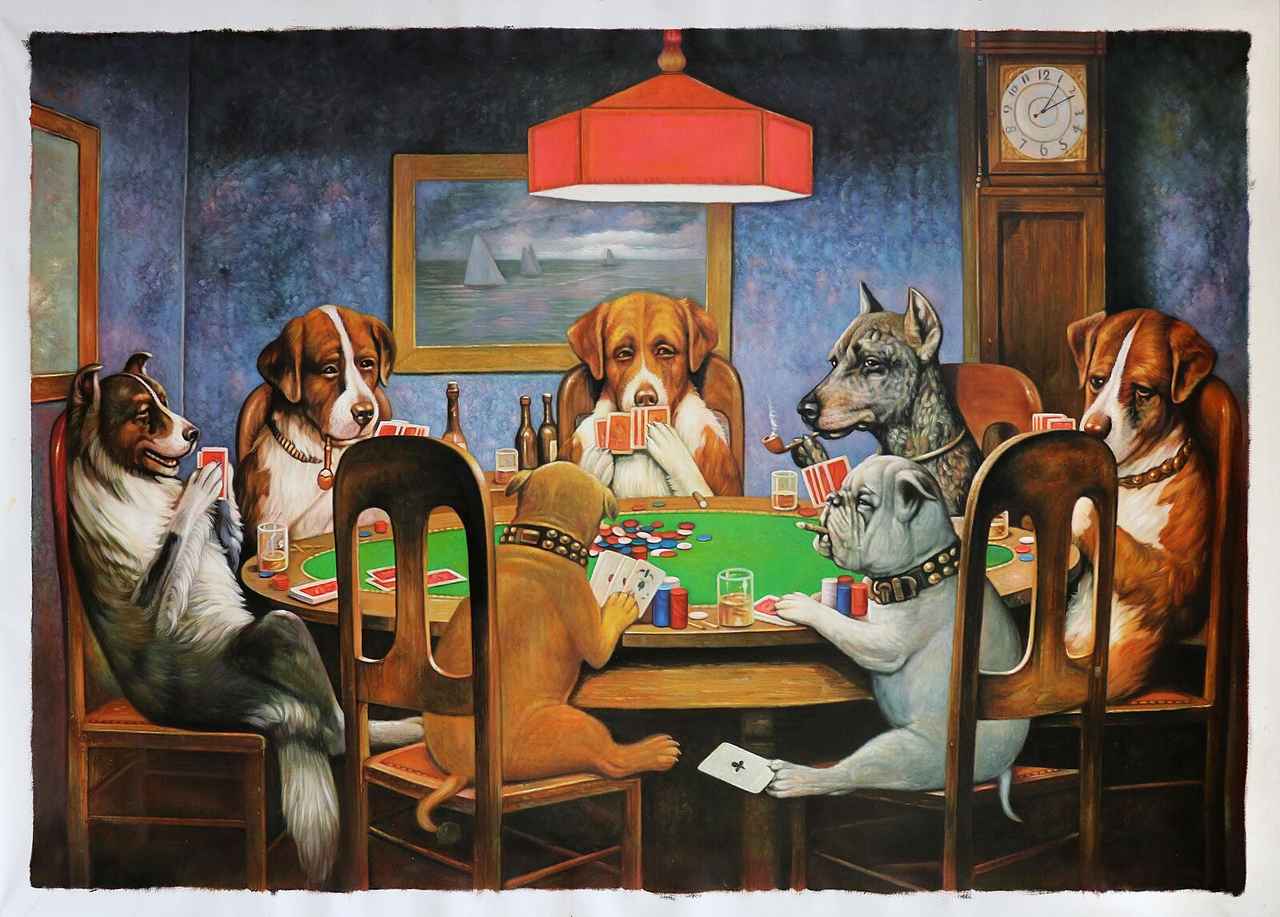 画像: カシアス・マーセラス・クーリッジの<ポーカーをする犬>(1903)。タバコの広告だそうです。……イカサマしてる犬いない?