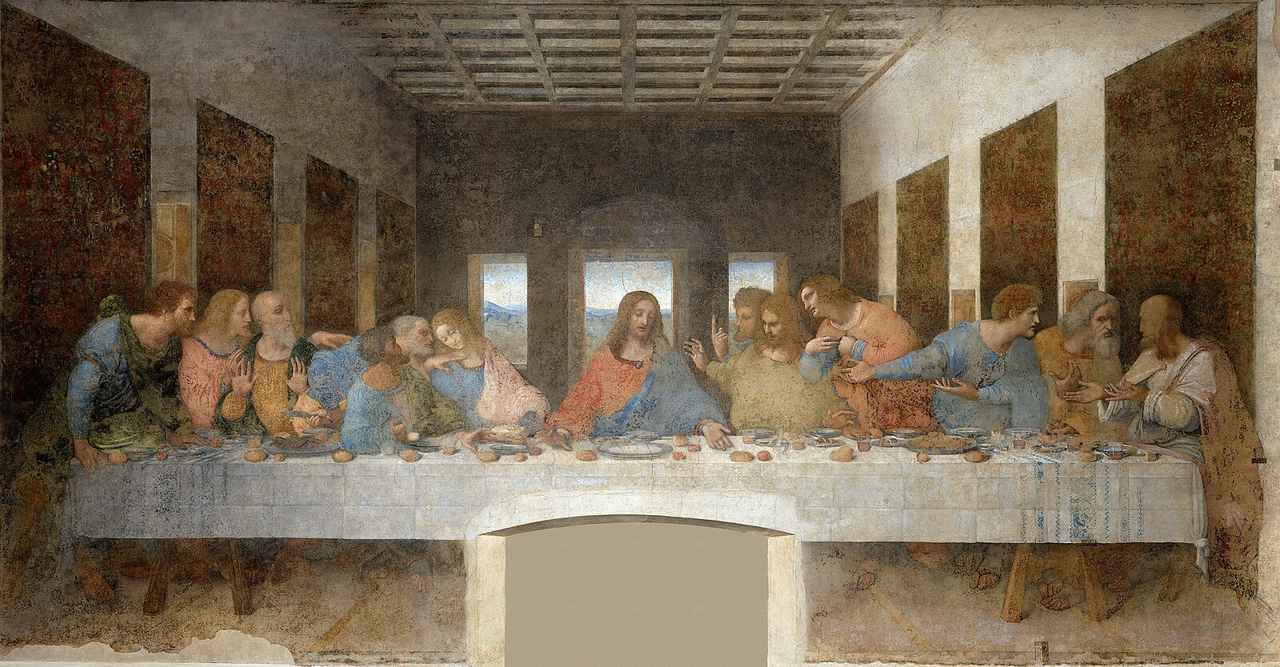 画像: レオナルド・ダ・ヴィンチの<最後の晩餐>(1495年から1498年)。中央のキリストから出発する、一点透視図法で背景が描かれている点も特徴