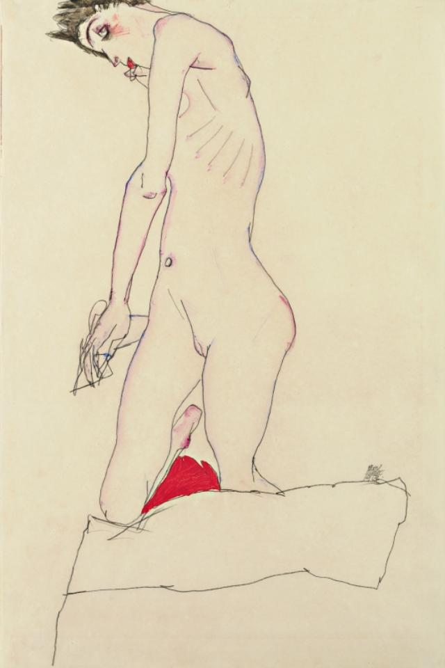 画像: EGON SCHIELE, Kniende, auf rotem Polster | 1913 © Leopold Museum, Wien,