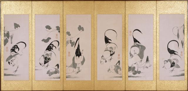 画像: 群鶏蔬菜図押絵貼屏風 六曲一双(右隻)