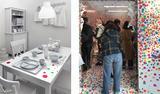 画像: 会場風景 来場者が水玉のシールを貼って真っ白い部屋に色をつけていく《オブリタレーションルーム》 開始時は左の様子から4月には右の姿へ。 photo©cinefil