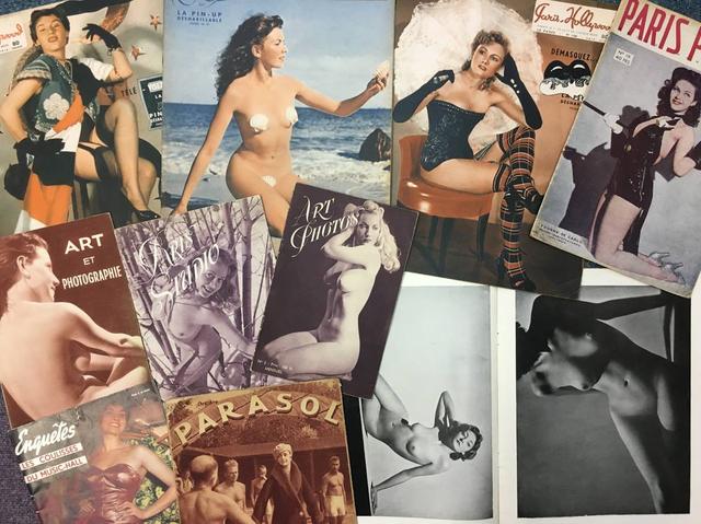 画像: 上の3冊は大判ヌード雑誌『PARIS HOLLYWOOD』は中央の見開きページのヌードイラストにパラフィン紙がかけられそこに描かれた服で下のヌードが隠れるというギミックが人気だった