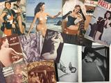 画像: 上の3冊は大判ヌード雑誌『PARIS HOLLYWOOD』は中央の見開きページのヌードイラストにパラフィン紙がかけられそこに描かれた服で下のヌードが隠れるというギミックが人気だった