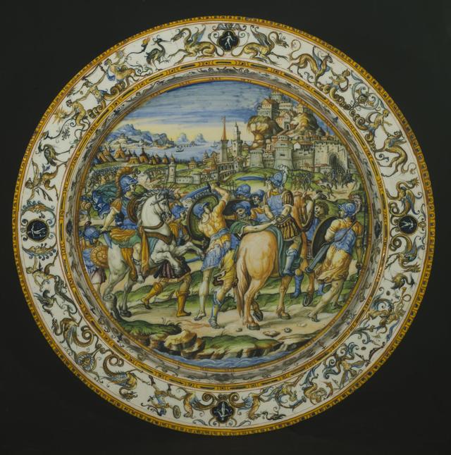 画像: ウルビーノ窯、パタナッツィ工房 《市民を救うカエサル》が描かれた大皿 1580–90年頃 バルジェッロ美術館 © Gabinetto Fotografico delle Gallerie degli Uffizi