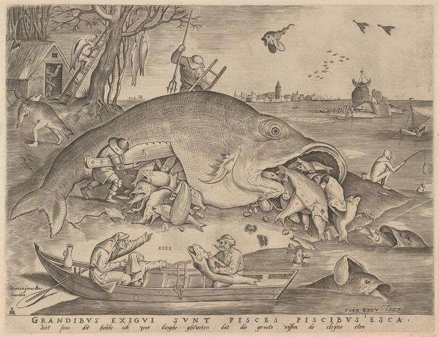 画像: ピーテル・ブリューゲル1世、彫版:ピーテル・ファン・デル・ヘイデン 「大きな魚は小さな魚を食う」 1557年 エングレーヴィング Museum BVB, Rotterdam, the Netherlands