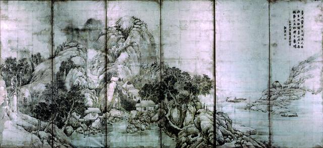 画像: 蕪村筆「銀地山水図屏風」(ぎんじさんすいずびょうぶ) 江戸時代 天明二年(1782) 紙本銀地墨画淡彩 六曲一双 左隻 縦166.9 横363.7cm 展示:11/28~12/17