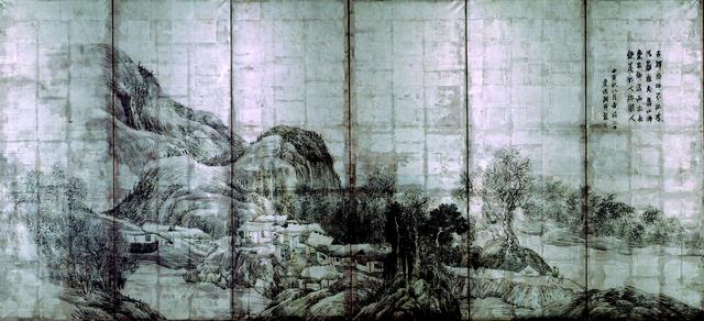 画像: 蕪村筆「銀地山水図屏風」(ぎんじさんすいずびょうぶ) 江戸時代 天明二年(1782) 紙本銀地墨画淡彩 六曲一双 右隻 縦166.9 横363.7cm 展示:11/28~12/17