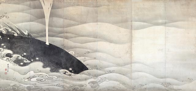 画像: 若冲筆「象と鯨図屏風」(ぞうとくじらずびょうぶ) 江戸時代 寛政七年(1795)左隻 紙本墨画 六曲一双 縦159.4 横354.0cm展示:9/16~10/9