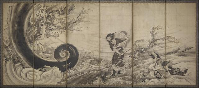 画像: 曾我蕭白 《風仙図屏風》 宝暦14年/明和元年(1764年)頃 155.8cm x 364 cm 六曲一隻、紙本墨画 Fenollosa-Weld Collection, 11.4510 Photograph © Museum of Fine Arts, Boston