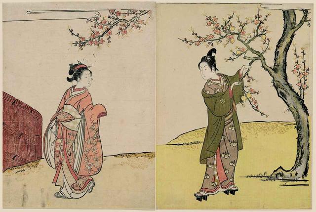 画像: 鈴木春信 「桃の小枝を折り取る男女」 もと明和3年(1766)絵暦 中判錦絵2枚続 ボストン美術館蔵 William Sturgis Bigelow Collection, 11.19448, 11.19506