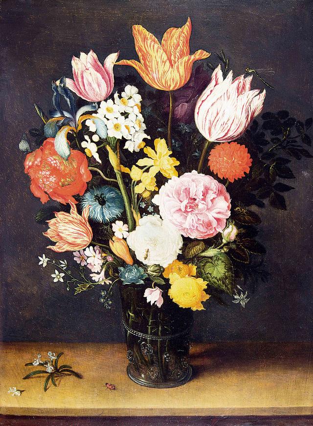 画像: ヤン・ブリューゲル1世 、ヤン・ブリューゲル2世《机上の花瓶に入ったチューリップと薔薇》 1615-1620年頃 Private Collection