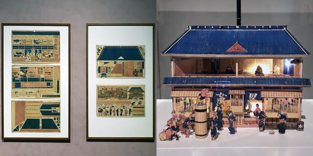 画像: 左:「しん板くミあけとうろふゆやしんミセのづ」 横大判5枚 文化中期(1807~12)頃 島根県立美術館(永田コレクション) (2月18日までの展示) 右:左図を組み上げた立体模型 photo©cinefil