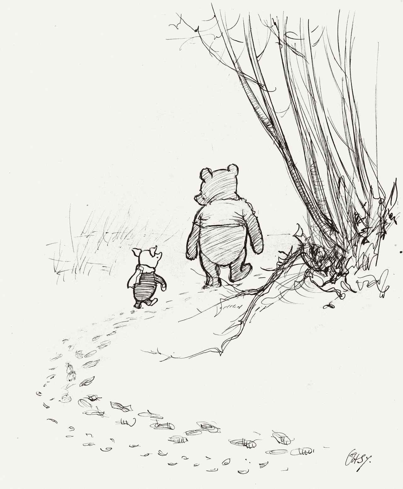 画像: 「プーとコブタが、狩りに出て…」、『クマのプーさん』第3章、E.H.シェパード、ペン画、1926年、 クライブ&アリソン・ビーチャム・コレクション © The Shepard Trust
