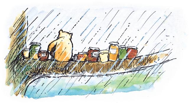 画像: 「枝には、ハチミツのつぼが10ならんでいて、そのまんなかに、プーが…」、『クマのプーさん』第9章、 E.H.シェパード、ラインブロックプリント・手彩色、1970年 英国エグモント社所蔵 © E.H. Shepard colouring 1970 and 1973 © Ernest H. Shepard and Egmont UK Limited