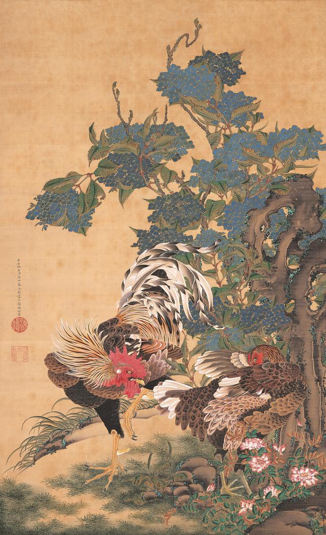 画像: 伊藤若冲 《紫陽花双鶏図》 絹本着色 一幅 139.4×85.1cm 米国・エツコ&ジョー・プライスコレクション
