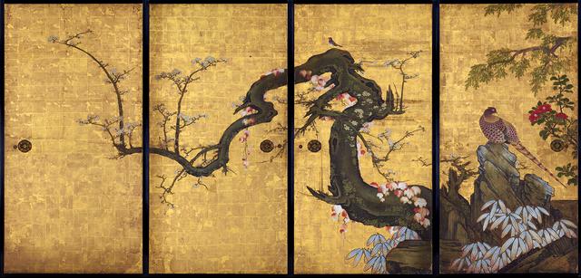 画像: 狩野山雪 《梅花遊禽図襖》 紙本金地着色 四面 各184.0×94.0cm 寛永8年(1631) 京都・天球院 重要文化財