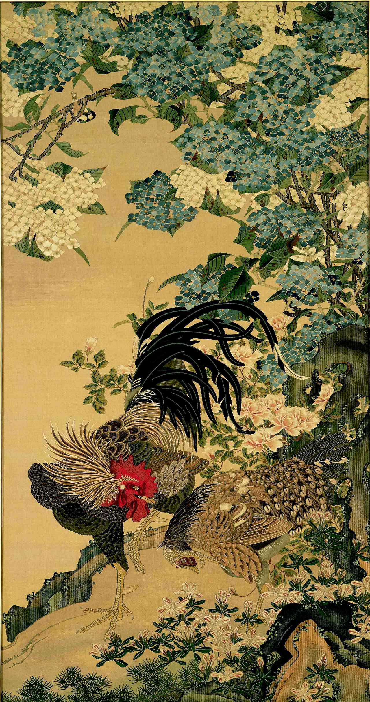 画像: 2代川島甚兵衞 《紫陽花双鶏図 綴織額》 明治35年(1902) 川島織物文化館(後期)