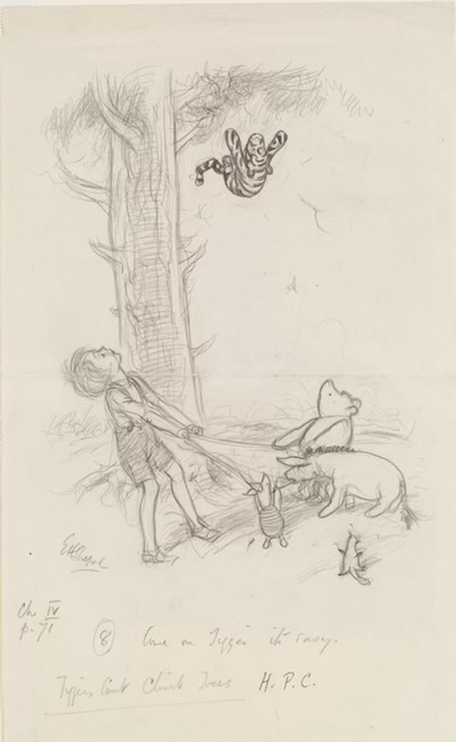 画像: 「おいでよ、トラー、やさしいよ」、『プー横丁にたった家』第4章、E.H.シェパード、鉛筆画、1928年、V&A所蔵 © The Shepard Trust. Image courtesy of the Victoria and Albert Museum, London