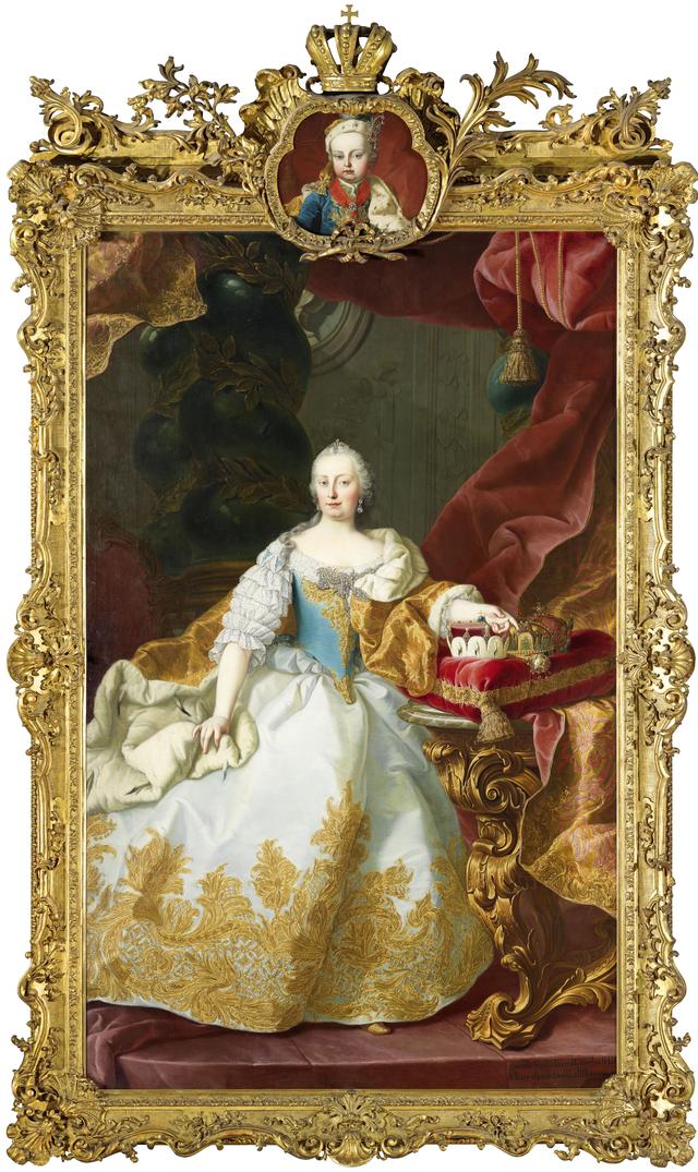 画像: マルティン・ファン・メイテンス《マリア・テレジア(額の装飾画:幼いヨーゼフ2世)》1744年 油彩/カンヴァス 216.2 x 162.5 cm ウィーン・ミュージアム蔵 ©Wien Museum / Foto Peter Kainz