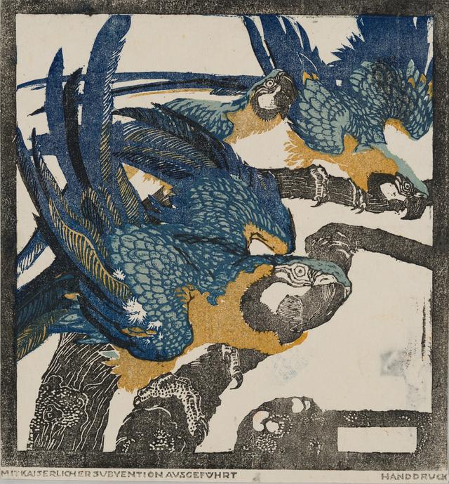 画像: ルートビィヒ・ハインリヒ・ユンクニッケル《三羽の青い鸚鵡》(連作「シェーンブルンの動物たち」より)1909年頃 京都国立近代美術館所蔵