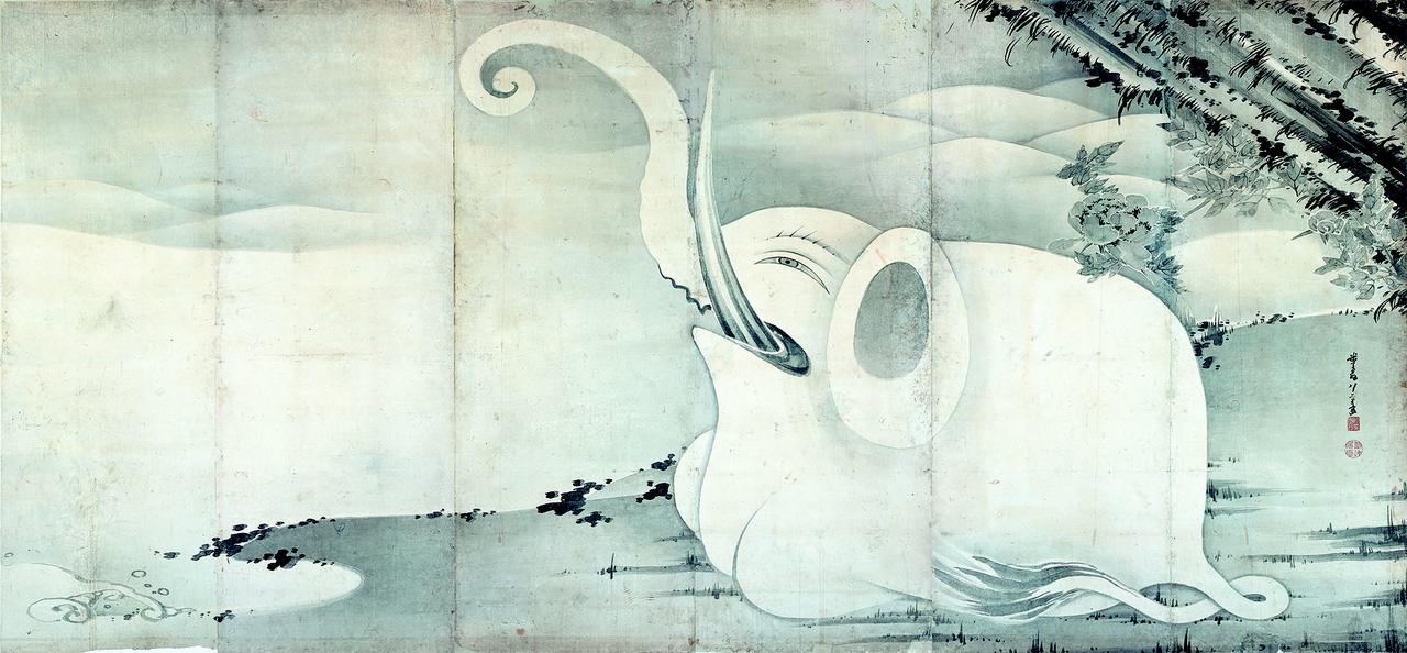 画像: 《象と鯨図屏風 右隻》紙本墨画 寛政7年(1795)〈寛政9年(1977)〉MIHO MUSEUM 【後期展示】