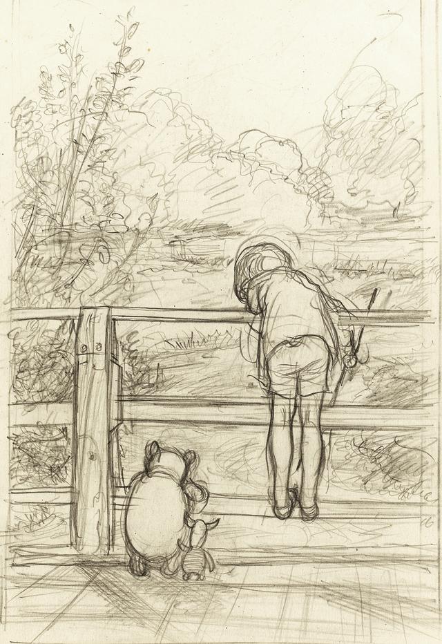 画像: 「ながいあいだ、三人はだまって、下を流れてゆく川をながめていました」、 『プー横丁にたった家』第6章、E.H.シェパード、鉛筆画、1928年、 ジェームス・デュボース・コレクション © The Shepard Trust