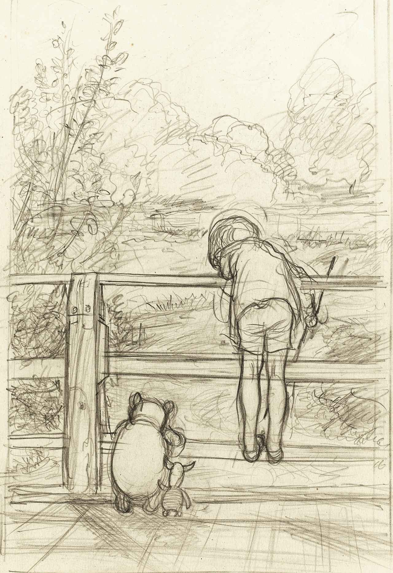 画像: 「ながいあいだ、三人はだまって、下を流れてゆく川をながめていました」、 『プー横丁にたった家』第6章、E.H.シェパード、鉛筆画、1928年、 ジェームス・デュボース・コレクション © The Shepard Trust